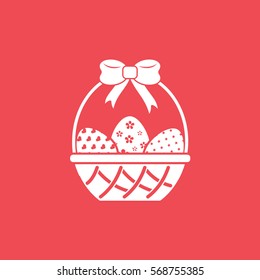 Easter Eggs In Basket Flat Icon On Red Background