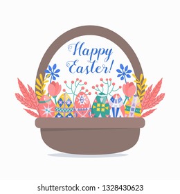 Easter eggs in basket with floral elements isolated on white background. Happy Easter design template with eggs in basket.
