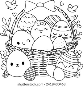 easter eggs in a basket and flower outline coloring page for printable