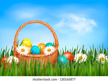 Easter eggs with basket in the grass. Easter background. Vector