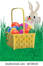 Easter eggs in the basket in the grass with a rabbit, illustration file EPS.8.