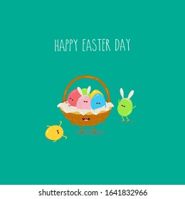 Easter eggs in the basket. Happy Easter Day. Vector cartoon. Friends party. You can use in the menu, in the shop, in the bar, the card or stickers. Easy to edit.