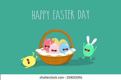 Easter eggs in a basket. Happy Easter Day. Vector cartoon. Friends party. You can use in the menu, in the shop, in the bar, the card or stickers. Easy to edit.