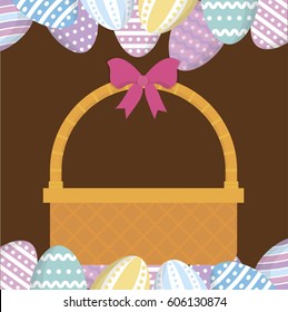 easter eggs and basket icon over brown background. colorful design. vector illustration