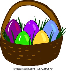 Easter eggs in basket, illustration, vector on white background.