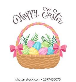 Easter eggs in basket isolated on white background. Ostern poster in cartoon style. Hand drawn Easter basket decorated with bows.