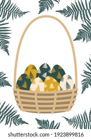 Easter eggs in basket isolated on white background with fern leaves - chicken eggs with floral ornament for holiday greeting card design