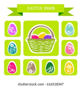 Easter eggs and basket isolated on white background. Holiday collection. Design elements for banners or greeting cards.