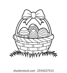 Easter eggs in basket line art, Easter eggs in basket outline vector 