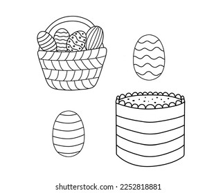 Easter eggs in basket. Line icon, symbol of celebration and holiday. Vector doodle outline illustrations isolated on white