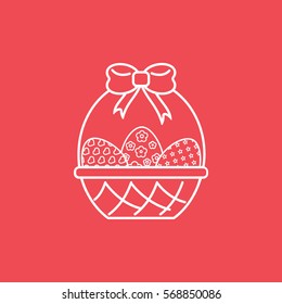 Easter Eggs In Basket Line Icon On Red Background