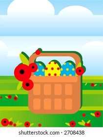 Easter eggs are in basket on a field