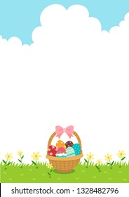 Easter eggs basket on the grass. Happy Easter background
