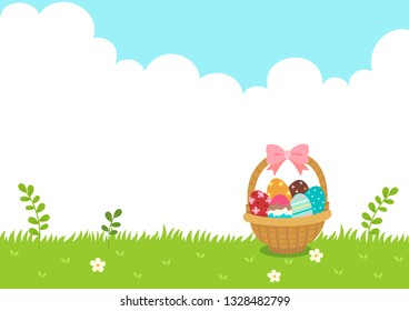 Easter eggs basket on the grass. Happy Easter background