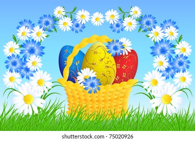 Easter eggs in a basket on the grass