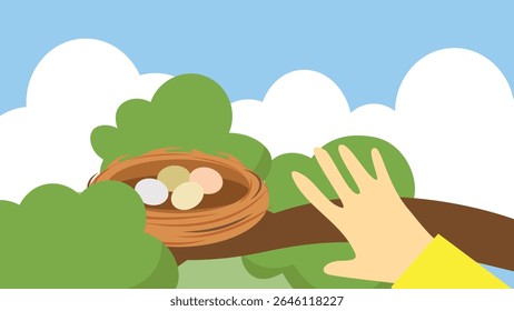 Easter eggs in a basket on a tree. Vector illustration.