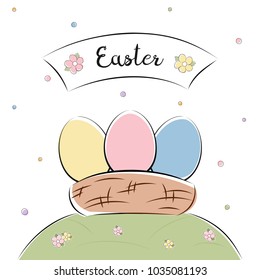 Easter eggs in a basket painted in the style of a sketch. On white background flowers. It can be used as a poster, banner, template, postcard. Vector illustration