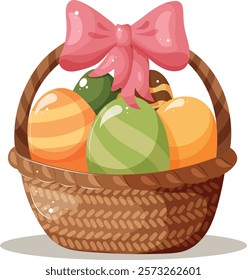 Easter eggs in a basket with a pink bow. Vector illustration for poster, banner, postcard, commercial, discount, flyer.