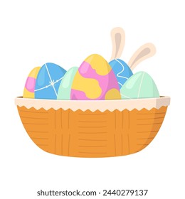 
Easter eggs in basket and rabbit ears. Bunny hides in Easter basket. Basket in light orange without handles for Easter Day. Flat vector illustration.
