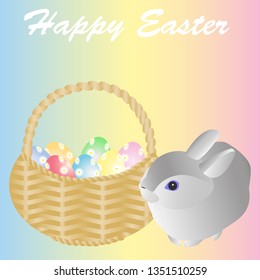 Easter eggs in basket and a rabbit isolated on white background. Vector illustration.