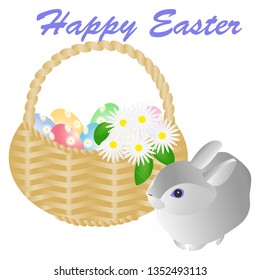 Easter eggs in basket and a rabbit isolated on white background. Vector illustration.