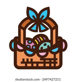 Huevos de Pascua en la cesta con decoraciones de la cinta ilustración colorida del icono aislada en fondo blanco cuadrado. Simple plano delineado dibujo de dibujos animados de estilo.