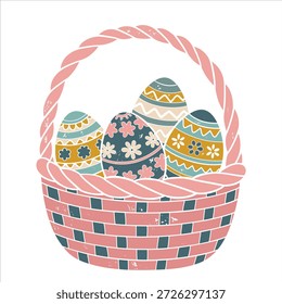 Ovos de Páscoa em cesta em estilo texturizado simples. Ilustração minimalista para a primavera e design de Páscoa