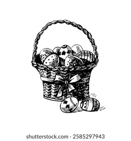 Easter eggs and basket sketch. Hand drawn vintage illustration