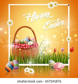 Easter eggs in the basket with Spring holidays concept