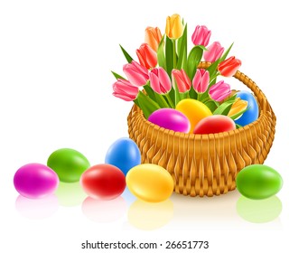 easter eggs in basket with tulip flowers - vector illustration