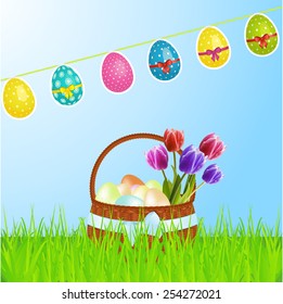 Easter Eggs with Basket Tulips and Bunting Background