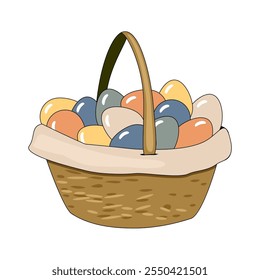 Huevos de Pascua en la cesta Ilustración festiva del día de fiesta del Vector aislado en el cartel blanco de la tarjeta 