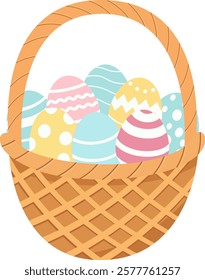 Easter eggs in a basket. Vector illustration in flat style. Basket with Easter coloured eggs in pastel colors