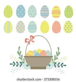 Easter. Easter Eggs, Easter basket. Vector set