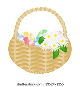 Easter eggs in basket and white flowers isolated on white background. Vector illustration.