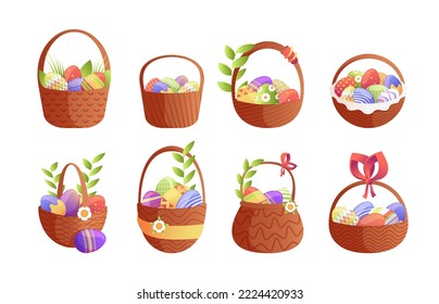 Easter eggs baskets. Cartoon childish tray with straw ribbons for holiday egghunting decoration, colorful religious symbols for greeting card. Vector set of easter basket to holiday illustration