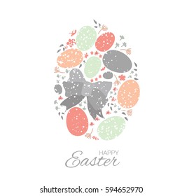 Easter eggs. Beautiful bow and flowers. Pastel grey Happy Easter Greeting card. Space for text. Vector illustration
