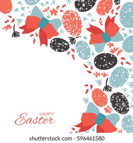 Easter eggs. Beautiful bow and flowers. Happy Easter Greeting card. Space for text. Vector illustration