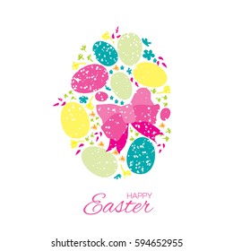 Easter eggs. Beautiful colorful bow and flowers. Happy Easter Greeting card. Space for text. Vector illustration