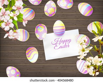 Easter eggs in beautiful and different colors lie on wooden background. EPS 10 vector file included
