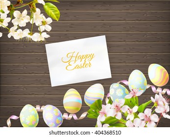 Easter eggs in beautiful and different colors lie on wooden background. EPS 10 vector file included