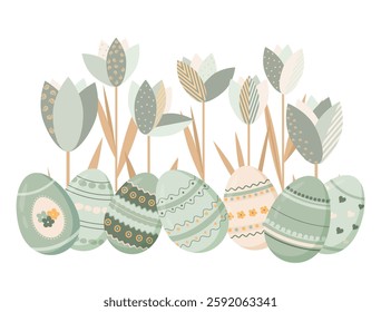 Easter eggs with beautiful ornament on tulip flowers background isolated on white background. Traditional Easter eggs and spring flowers. Easter. Holiday. Postcard. Advertising Easter banner. Vector