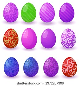 Easter eggs with beautiful shadows. Colorful set isolated on white with different patterns