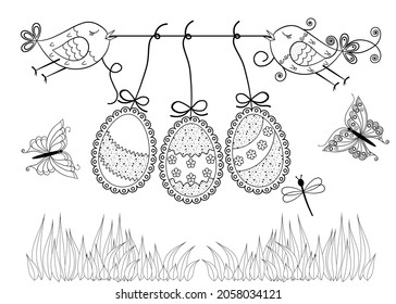 Easter eggs, birds and butterflies on a white background. Coloring book for children and adults. Decorative elements for meditative coloring
