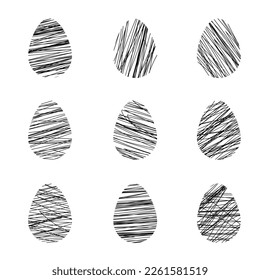 Easter eggs with black different lines isolated on white background.Holiday decoration for easter holiday. Vector illustration.
