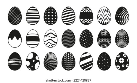 Easter eggs black icons. Abstract decorative elements for traditional spring holiday celebration, flat doodle stencil egghunting decoration. Vector set of spring easter eggs illustration