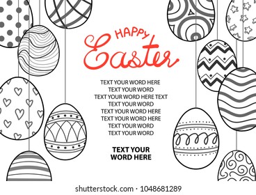 Easter eggs in black outline hang from top of the frame with space for text at the center. Poster or card design for Easter festival in vector illustration.