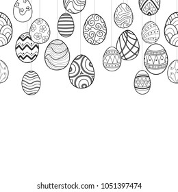 Easter eggs in black outline hang on white background. Cute hand drawn seamless pattern design for Easter festival in vector illustration.