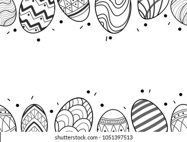 Easter eggs in black outline line up at the top and the bottom of picture on white background. Cute hand drawn seamless pattern design for Easter festival in vector illustration.