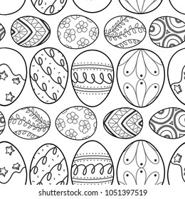 Easter eggs in black outline line up on white background. Cute hand drawn seamless pattern design for Easter festival in vector illustration.